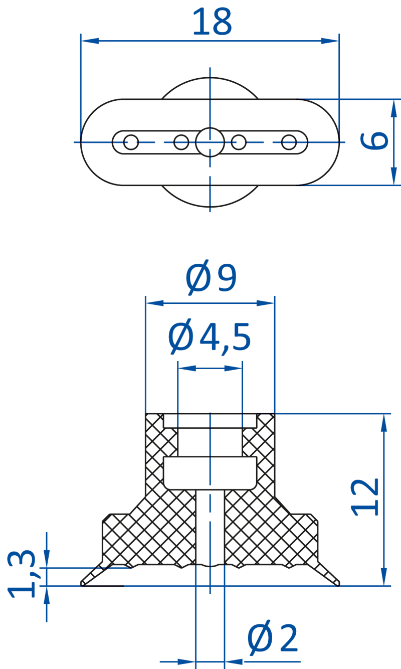 Размер овальной вакуумной присоски FIPA серии SO-FU 132.18x6.012